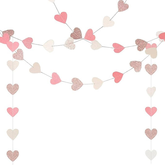 Sparkly Heart Hanging String Garland, Paper Heart Garland Streamers for Bachelorette Birthday Party Decorations Baby Shower Anniversary Bridal Shower Decorations, Rose Gold Pink White
