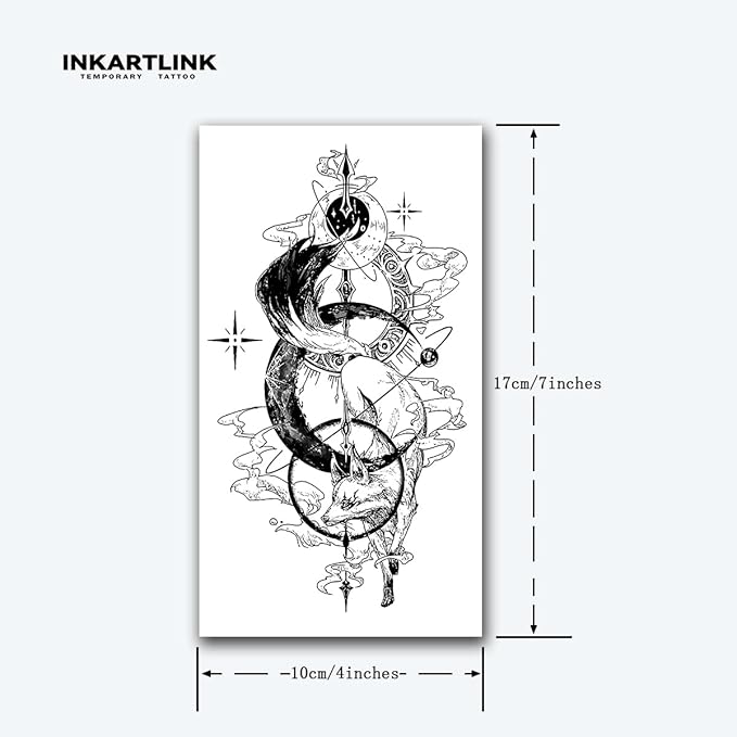 INKARTLINK Tattoo Tech, 2 Sheets Extra-Large Semi Permanent Tattoo, Adult Art Design Temporary Tattoos, Lasts 1-2 Weeks, Waterproof, Realistic Look, No Adhesive, No Reflection (Fox God Design)