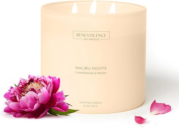 Champagne & Peony – Benevolence LA Large 3-Wick Fall Scented Candle for Home | 15oz, 50-Hour Burn | Natural Soy Wax, Cotton Wicks | Romantic Autumn Fragrance | Malibu Sands Collection – Gift for Women