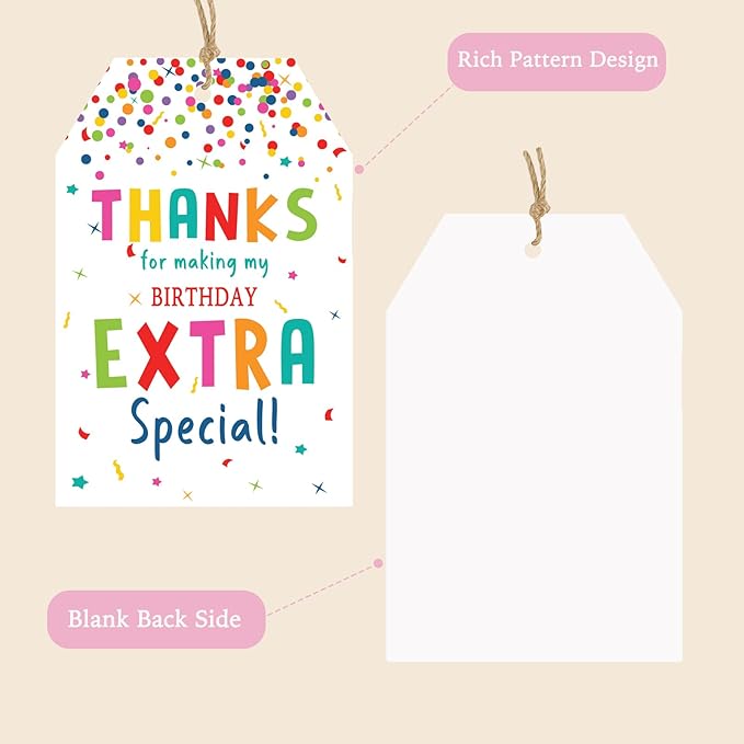 Thank You Tags, 50PCS Thanks for Making My Birthday Extra Special! Colorful Gift Tags with Jute Twine for Birthday Parties, Gift Wrapping, and Party Favors (2.2"x3.3")