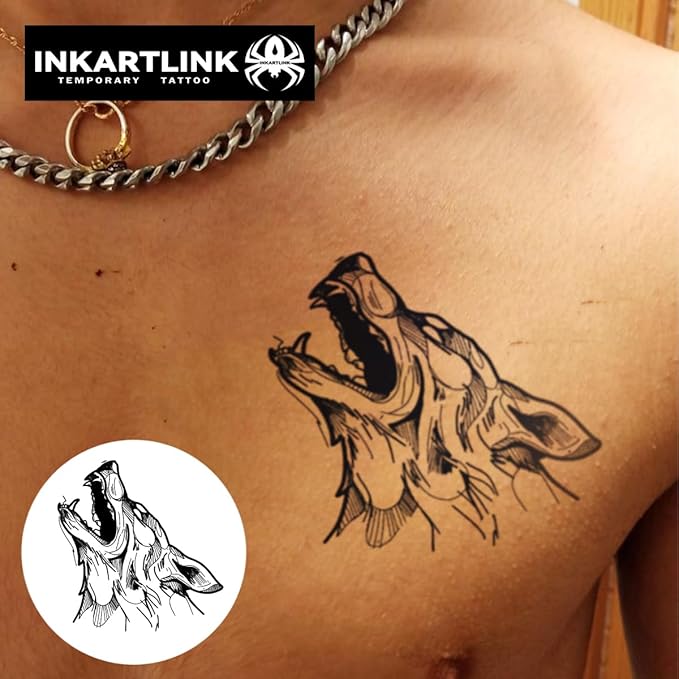 INKARTLINK Tattoo Tech, 2 Sheets Medium Semi Permanent Tattoo, Adult Art Design Temporary Tattoos, Lasts 1-2 Weeks, Waterproof, Realistic Look, No Adhesive, No Reflection (Wolf Howling Design)