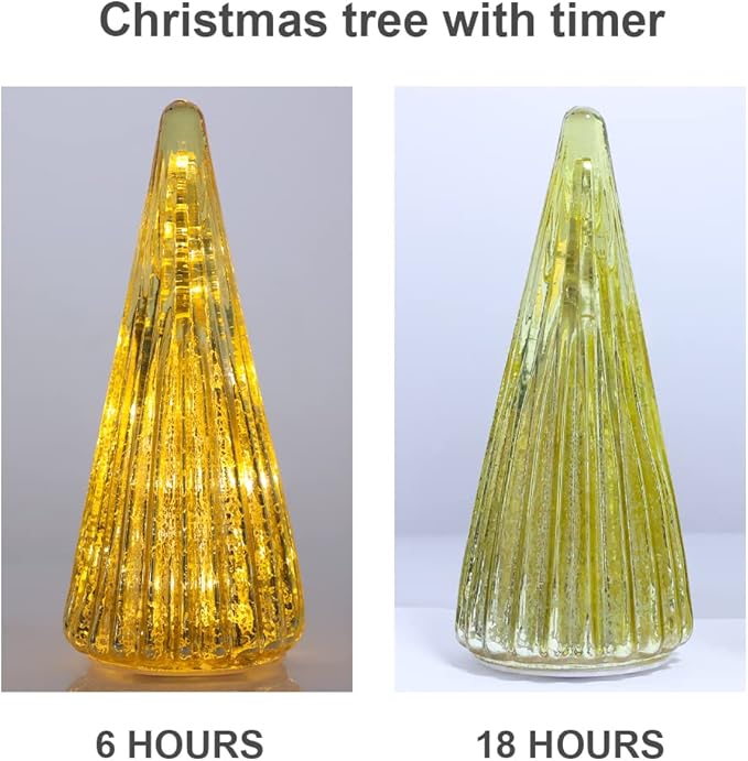 YEAHOME Christmas Decorations Indoor, 3 Pack Pre-lit Gold Glass Christmas Tree Home Decor, Christmas Table Decorations Lighted Xmas Tree with Timer for Living Room Fireplace Tabletop Party
