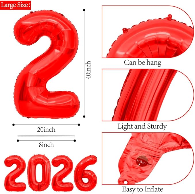 2026 Balloons, 40 Inch 2026 Number Balloons Red 2026 Balloon Large Foil New Year Balloon Numbers 2026 Mylar Baloons for Birthday Christmas Graduation New Years Eve Party Supplies Decorations
