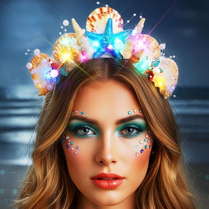 Kilshye Light Up Mermaid Crown Starfish Tiara Shell Beach Headband Hair Accessories for Women