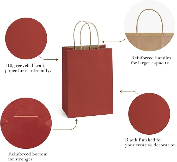 BagDream Kraft Paper Bags 100Pcs 5.25x3x8 Inches Small Kraft Gift Bags with Handles Bulk, for Shopping, Party Favor, Retail, Merchandise, Business, Red Paper Gift Sacks