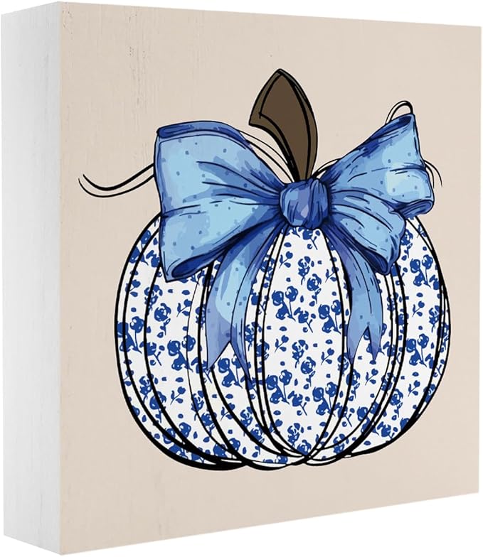 Cute Fall Decor Blue Floral Pumpkin Fall Decorations for Home Office Thanksgiving Autumn Pumpkin Decor Funny Autumn Decorations for Desk Table 5 x 5 inches