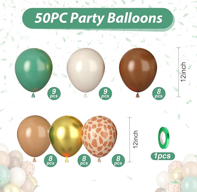 Safari Balloons, 50pcs Green Brown Balloons, Sage Green Ivory White Apricot Balloon, Giraffe Print Jungle Balloon for Jungle Safari Woodland Wild One Theme Birthday Baby Shower Wedding Decorations