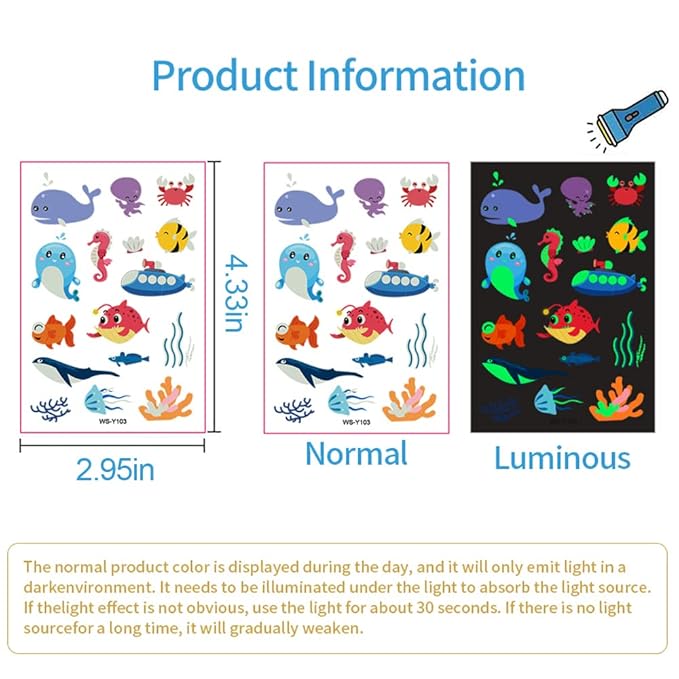 Luminous Temporary Tattoos for Kids - 130Pcs Marine Animal Glow Tattoos Stickers,Ocean Theme Glow In The Dark Tattoos for Boys and Girls,Face Makeup Fake Tattoo,Holiday Party Favors Gifts for child