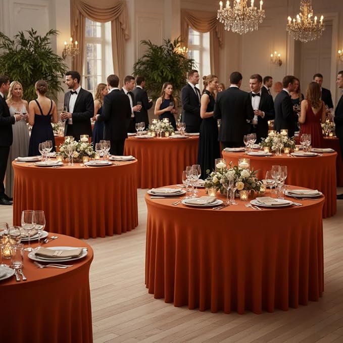 HolidayIdeas 6 Pack Spandex Table Skirts for 60 Inch Round Table, Fitted Stretch Ruffle Cover for Wedding Receptions, Holiday Parties, Rust