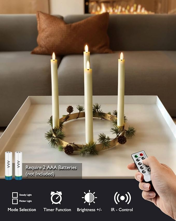 Homemory Real Waxy Flameless Taper Candles with Remote Timer, LED Candlesticks Flickering, Battery Operated Candles, 9.6 Inches for Home Christmas Wedding Celebration Decor, Ivory, Pack of 6
