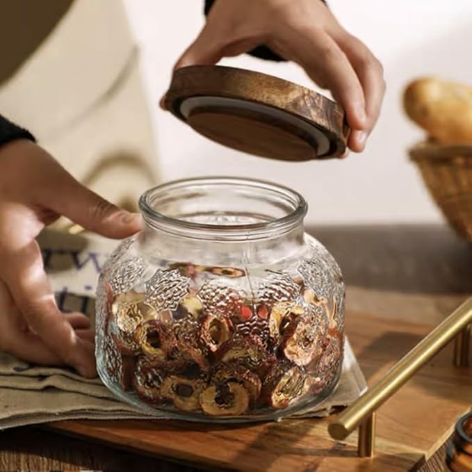 ANSQU Vintage Glass Jar with Solid Wood Lid, 25.4 FL OZ Snowflake Pattern Food Storage Jar, Home Kitchen Decorative Storage Cabinet, Oatmeal, Jam, Coffee, Candy, Cookie Jar, Pet Food Jar (Snowflake)