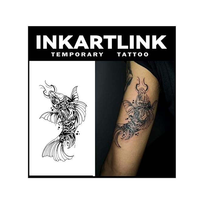 INKARTLINK Tattoo Tech, 2 Sheets Large Semi Permanent Tattoo, Adult Art Design Temporary Tattoos, Lasts 1-2 Weeks, Waterproof, Realistic Look, No Adhesive, No Reflection (Koi Carp Design)