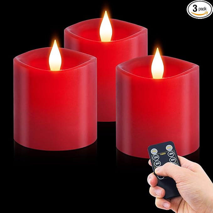 3x3 Flickering Flameless Candles Set of 3, LED Battery Candles,with Timer, 3 inch Flameless Candles with Remote, for Holiday Home Decor,Red