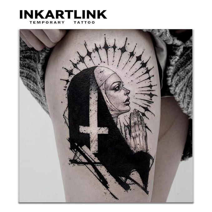 INKARTLINK Tattoo Tech, 2 Sheets Extra Large Semi Permanent Tattoo, Adult Art Design Temporary Tattoos, Lasts 1-2 Weeks, Waterproof, Realistic Look, No Adhesive, No Reflection (Pious Nun)