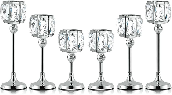 Crystal Tealight Candle Holders Set of 6 (9''/11''/13'') - Elegant Metal & Glass Centerpieces for Stunning Home Decor (Silver)