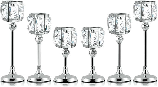 Crystal Tealight Candle Holders Set of 6 (9''/11''/13'') - Elegant Metal & Glass Centerpieces for Stunning Home Decor (Silver)