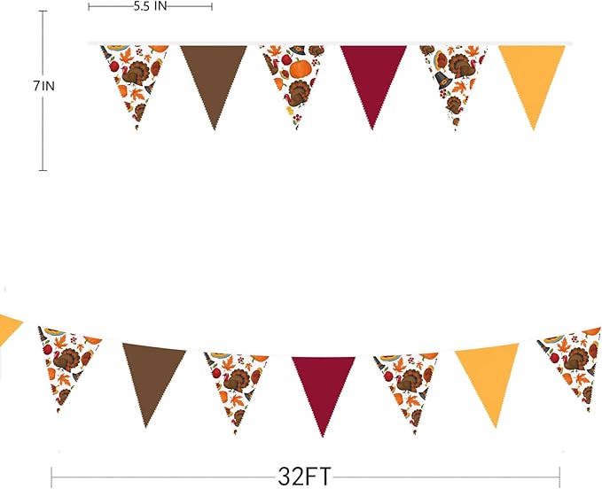 32Ft Thanksgiving Party Decorations Burgundy Brown Fall Banner Fabric Triangle Flag Pennant Garland Streamers for Happy Fall Thanksgiving Day Harvest Autumn Birthday Baby Shower Outdoor Garden Decor