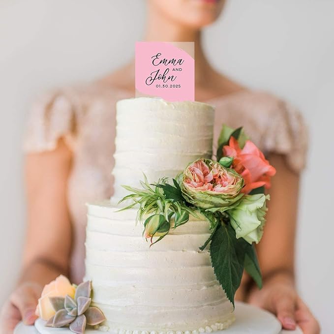 Andaz Press Modern Pink Brushstroke Custom Wedding Cake Topper, Acrylic Square Personalized Couple Cake Topper