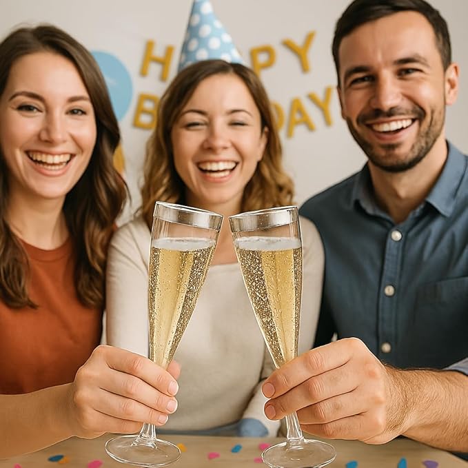 Oojami 100 Plastic Classic Champagne Disposable Flutes for Parties Plastic cups Wedding Party Toasting Cocktail Cups Bulk Party Pack (Silver Rim)