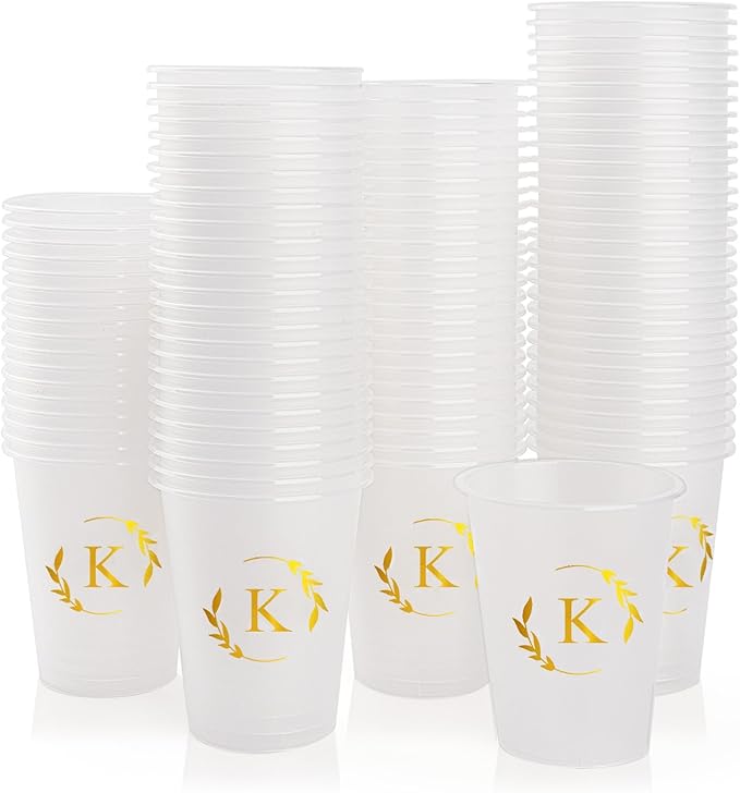 100 Monogrammed Cups Disposable Initial Plastic Cup 12 oz Wedding Personalized Cup for Wedding Reception Baby Shower Birthday Party(Letter K)