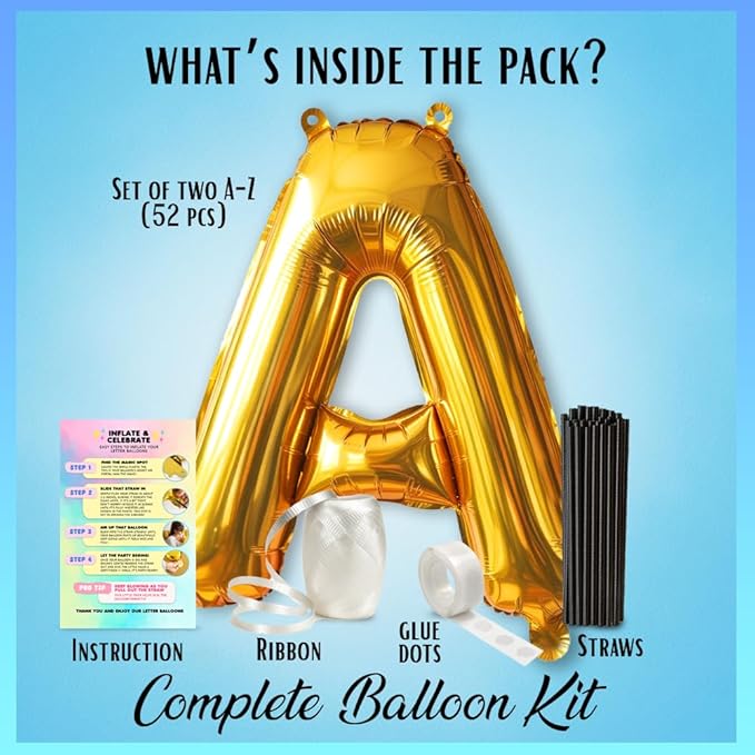 [52pcs] Gold Letter Balloons - 2 Full A-Z Sets For Gold Letter Balloon Banner | Alphabet Ballons | 16 inch Foil Ballon | Customized Name Balloon Letters for a Birthday, Graduation, Wedding Baby Shower