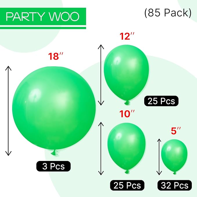 PartyWoo Green Balloons, 85 pcs Green Balloons Different Sizes Pack of 18 Inch 12 Inch 10 Inch 5 Inch for Balloon Garland Arch as Birthday Decorations, Wedding Decorations, Baby Shower Decorations