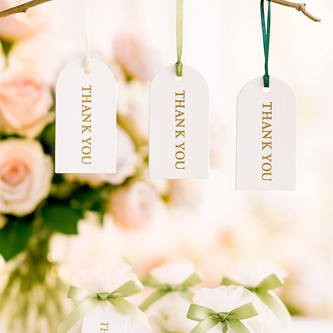 SallyFashion 120PCS Thank You Gift Tags, White Paper Tags with Ribbon Gold Stamping Hanging Labels for Party Favors Birthday Baby Shower