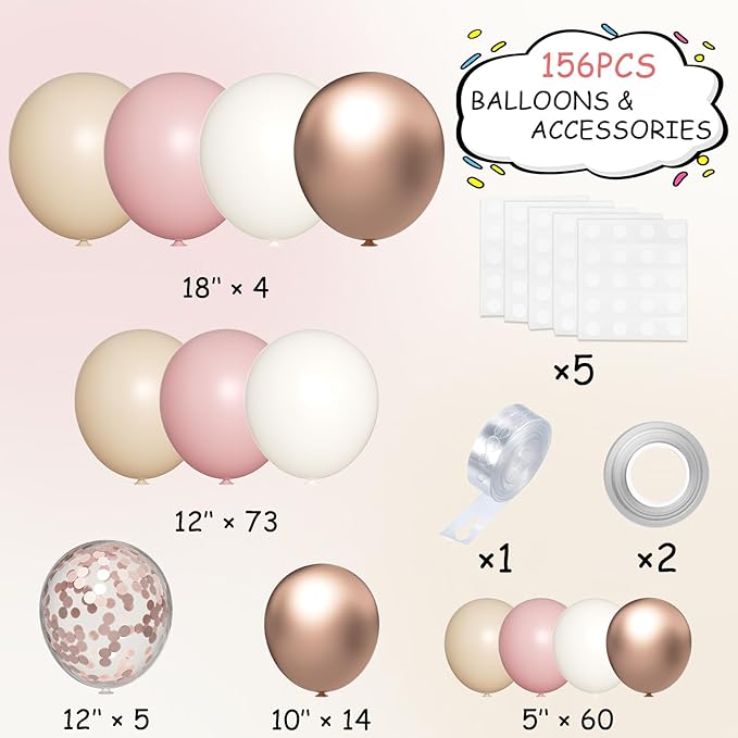 Boho Balloon Garland Arch Kit, 156Pcs Dusty Pink Pastel Brown Metallic Champagne Gold White Balloons for Wedding Baby Bridal Shower Engagement Anniversary Birthday Decorations