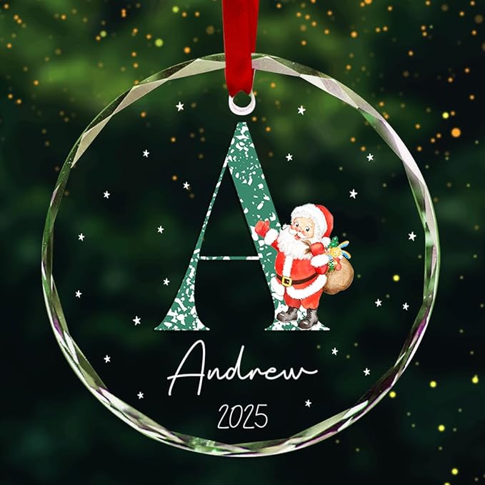 Personalized Round Christmas Crystal Glass Ornaments Custom 2025 Name Ornament for Christmas Tree Decor Customized Xmas Santa Claus Tree Hanging Gifts for Family