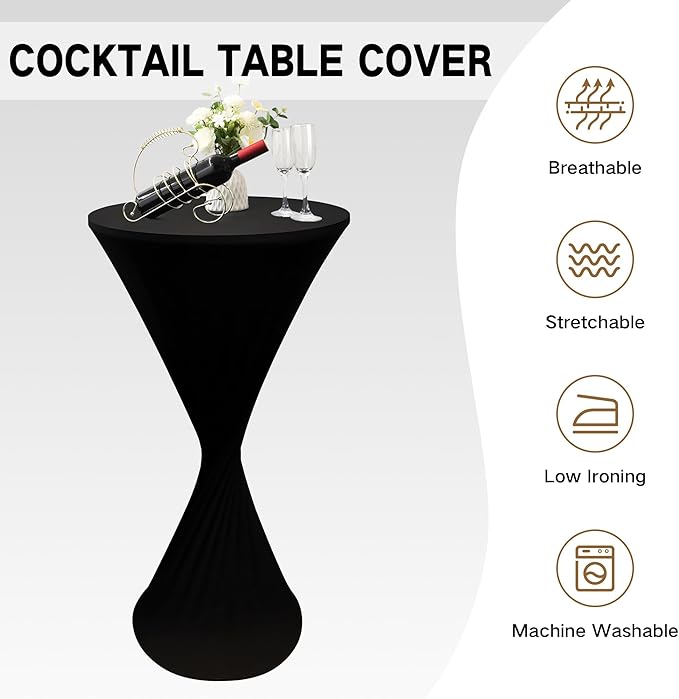 5PCS 24x43 Inch Round Fitted Cocktail Table Cover Black Spandex Cocktail Table Cloth Highboy Fitted Tablecloth High Top Table Cloths for Party Pub Banquet Bistro