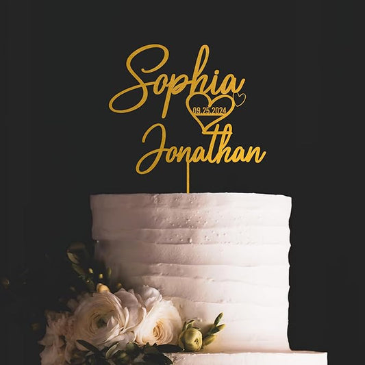 Noni Luxury Personalized Wedding Cake Topper with date and heart, Custom Couples Script Cake Topper for Weddings, Mr and Mrs Cake Toppers for Wedding, Custom Cake topper, Rustic Cake Topper