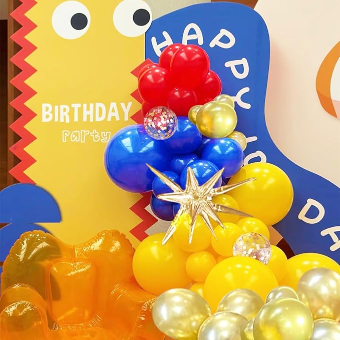 Blue Yellow Red and Gold Balloon Arch Kit, 156Pcs Latex Baloons Garland with 4D Star Balloons for Baby Shower Anniversary Birthday Wedding Graduation Office Party