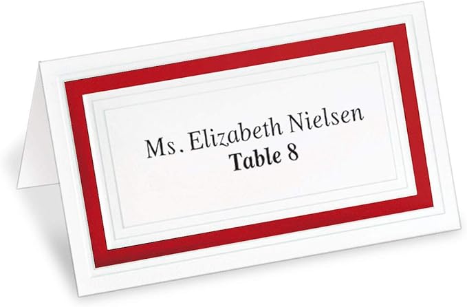 White 38lb Cover Stock Folded Place Cards with Red Foil Border, Micro-Perforated, 2" x 3 1/2", 100/Pack, Laser and Inkjet Compatible