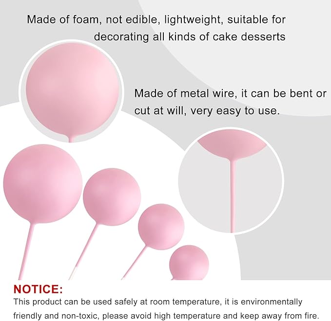ASTARON 20 Pcs Ball Cake Topper Decorations Mini Balloons Cake Topper Sticks Light Pink Balls Cake Picks Cake Topper Balls Cake Decorations for Wedding Birthday Cake Decorations