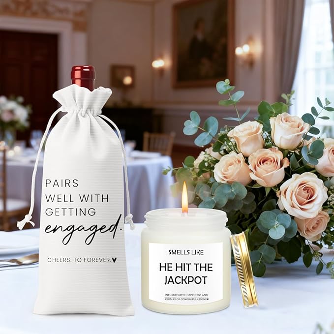 Engagement Gifts for Couples Her Engagement Party Decorations Gift for Couple Wine Bag Scented Candles Set Pairs Well with Getting Engaged Gifts Smell Like He Hit The Jackpot White Wine Bag