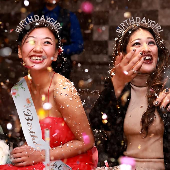 AOPRIE Birthday Girl Crown for Women with Flower Sash Rose Gold Happy Birthday Tiara for Women Headband Princess Crown Rhinestone Accessories