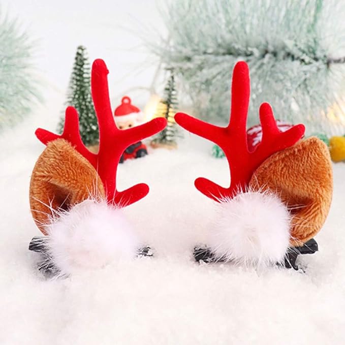 Christmas Reindeer Antlers Headband Brown Red Deer Ears Clips with Elk Fluff Red Antler Design Party Xmas Deer Antlers Decor Holiday Costume Hairpin for Women Ear Decoration