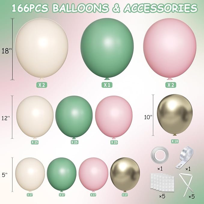 Sage Green Pink Balloon Arch Kit, 166Pcs Olive Green Blush Pink Metallic Gold White Sand Balloons Garland for Baby Shower Wedding Birthday Jungle Safari Woodland Party Decorations