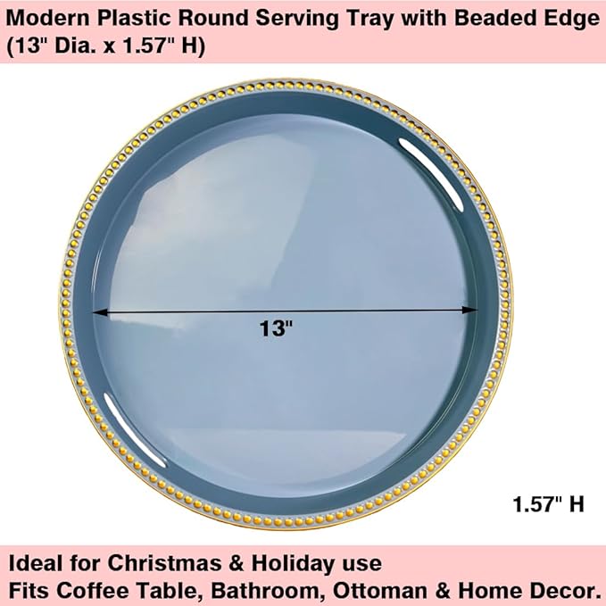Blue Decorative Tray for Coffee Table, Round Beaded Plastic Serving Tray forKitchen Counter, Ottoman, Living Room,(13")