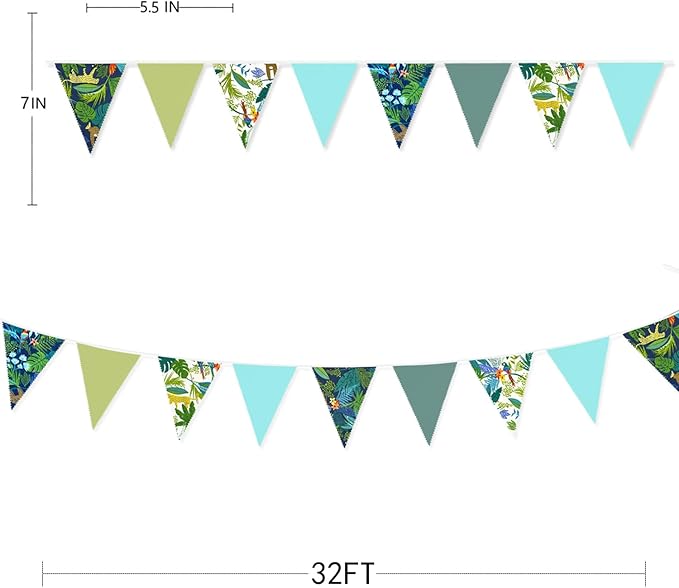 32Ft Teal Blue Green Summer Tropical Leaves Wild Animals Printed Pennant Banner Fabric Triangle Flag Cotton Bunting Garland for Birthday Party Wedding Home Nursery Outdoor Garden Hanging Decoration