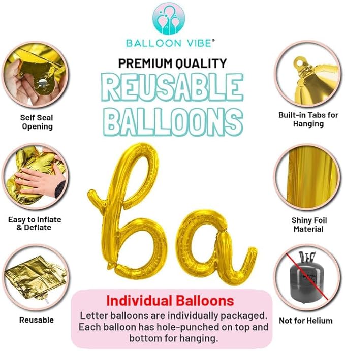 BALLOON VIBE Happy Birthday Balloon Banner - Black 16 Inch Cursive Mylar Foil Letters Happy Birthday Banner for Decor - Balloons Letters Sign with 4 Straws & Ribbon Roll