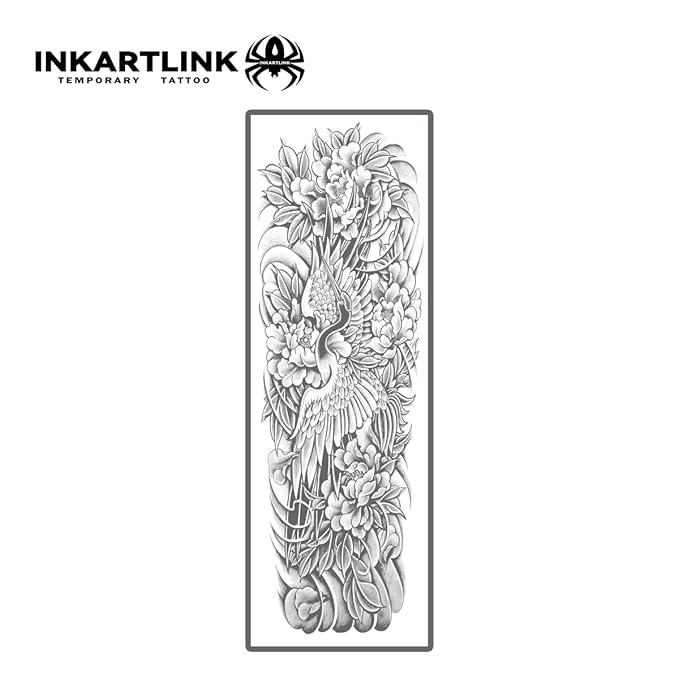 INKARTLINK Semi Permanent Tattoo, 2 Pieces Full Arm Large Size Art Party Tattoo, Comes with a Pair of Anti-Transfer Sleeves, Lasts 7-15 Days, Waterproof (Red-Crowned Crane and Flower)