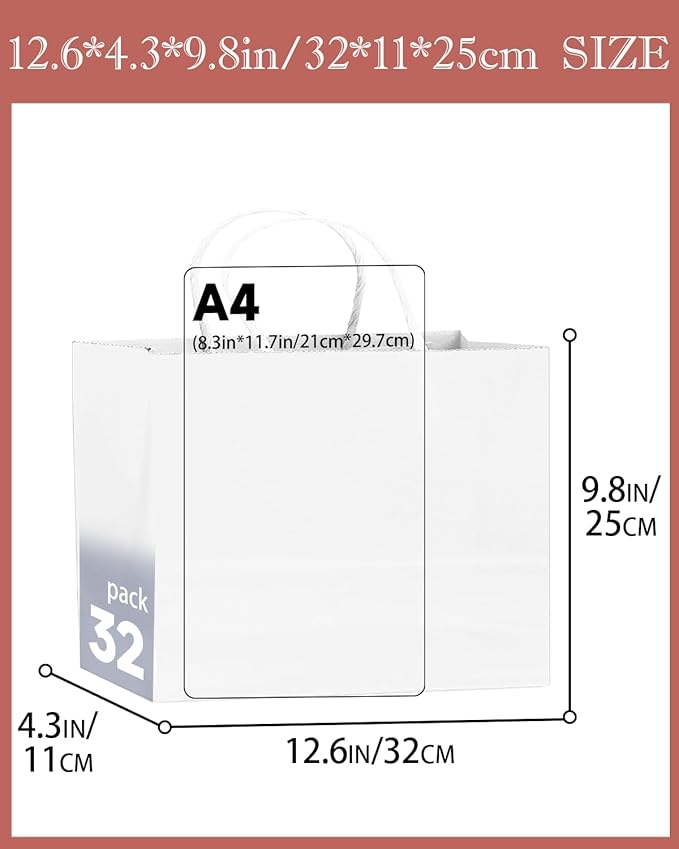 qiqee 30-Packs White Gift Bags with Handles Bulk 13"x4.5"x10" Wide Large Size Party Paper Bags