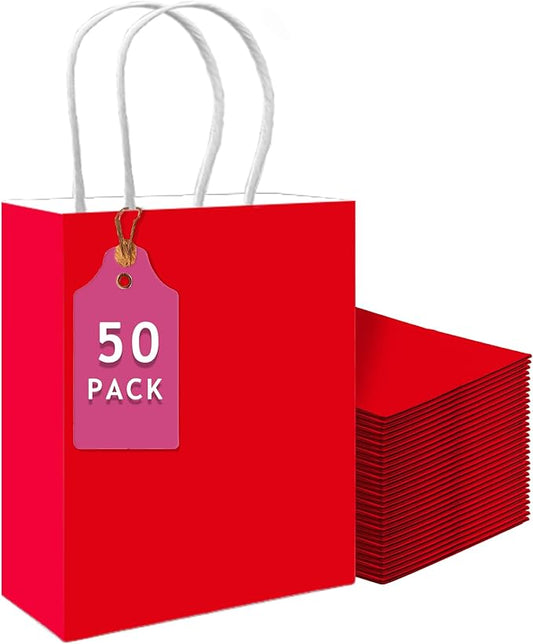 qiqee 50-Packs Red Paper Gift Bags with Handles Bulk 13"x10.3"x4.6" Large Size Party Favor Bags Multiple Uses