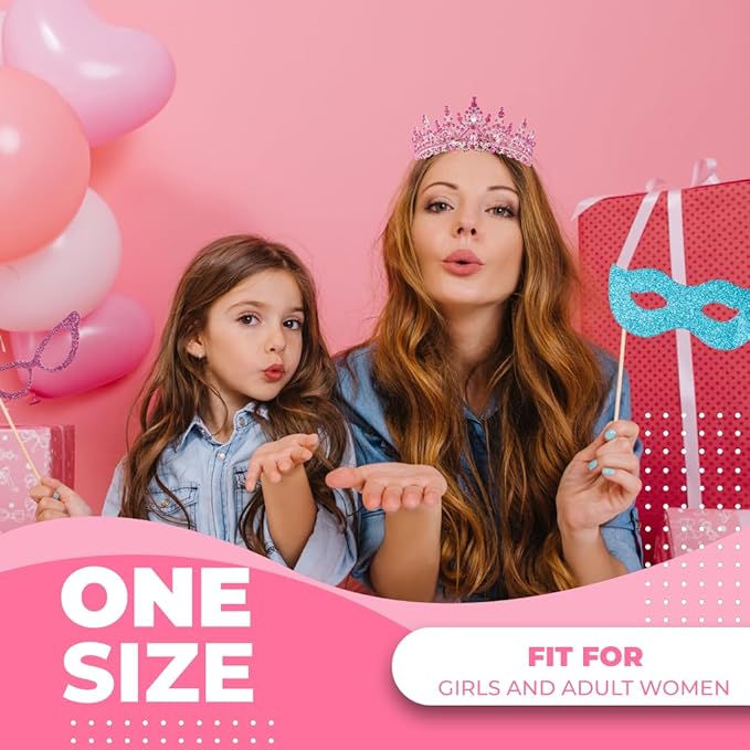 Birthday Tiara Crown with Sash for Women, Headband Hair Accessories for Wedding Party Costume Pink