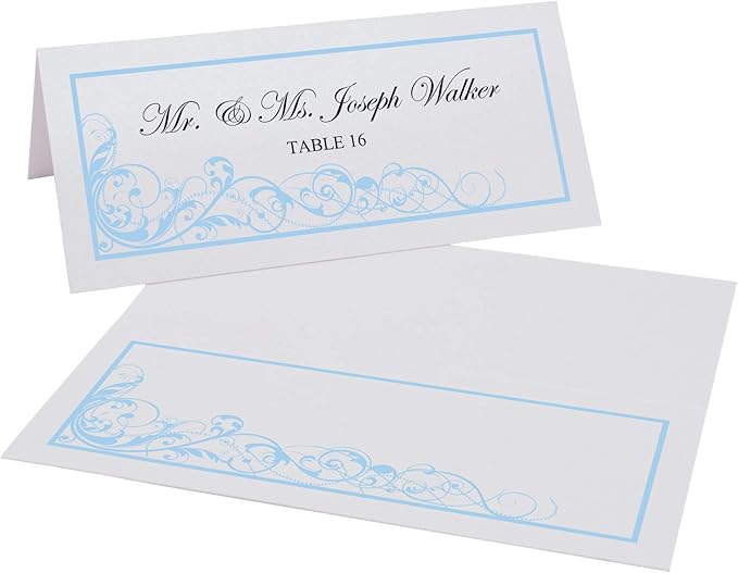 Scribble Vintage Swirl Place Cards, Light Blue (Choose Color), Set of 60, Pre-cut and Scored - Wedding, Party, Dinner, and Special Events - Made in the USA