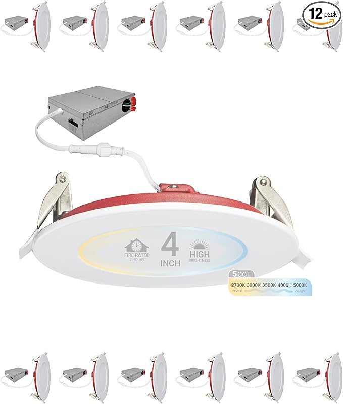 NUWATT 12 Pack, 4 Inch 2 Hour Fire Rated LED Recessed Light, 2700K/3000K/3500K/4000K/5000K Selectable, 900 Lumens, Dimmable, IC Rated, Wet Rated Ultra Thin Canless LED Downlight, No Fire Cone Needed