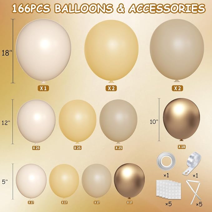 Boho Nude Neutral Balloon Arch Kit, 166Pcs Pastel Brown Maca Light Orange Nude Champagne Gold Metallic Balloons Garland for Baby Shower Gender Reveal Birthday Party Decoration