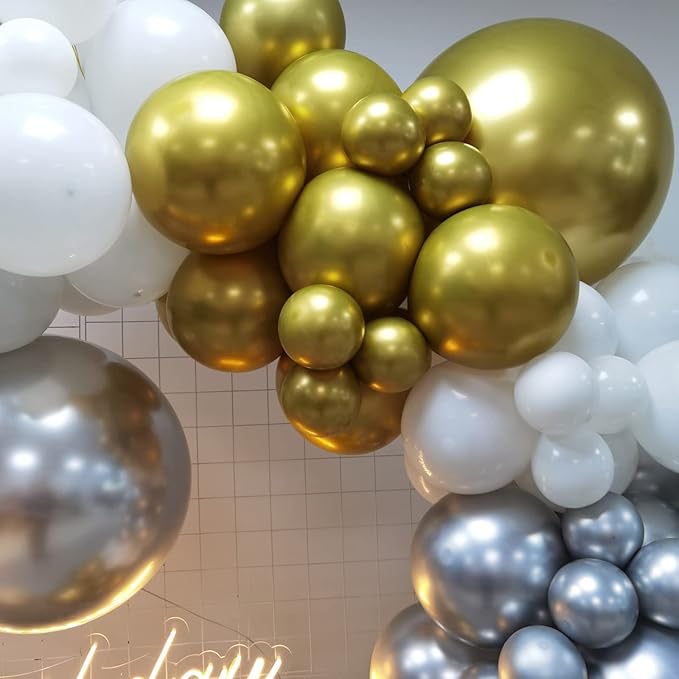 127pcs Silver Gold White Latex Balloons Garland Arch Kit 18in 12in 10in 5in for Birthday Baby Shower Wedding Graduation Party Decors (Silver Gold White)