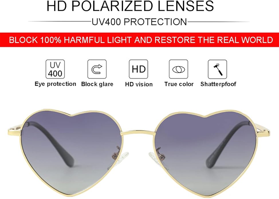 JOVAKIT Polarized Heart Sunglasses for Women Fashion Lovely Style Metal Frame UV400 Protection Lens